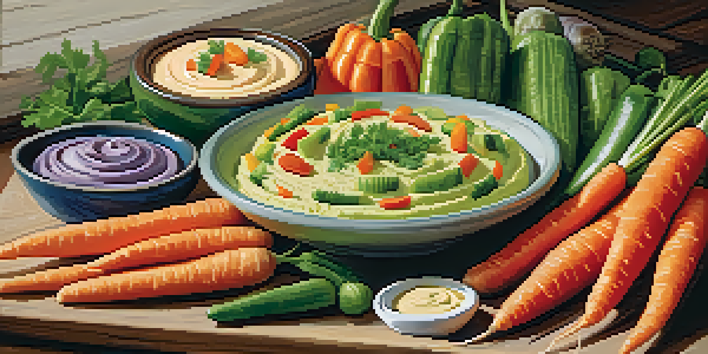A colorful arrangement of raw vegetables with creamy dips on a rustic wooden table, illuminated by natural light.