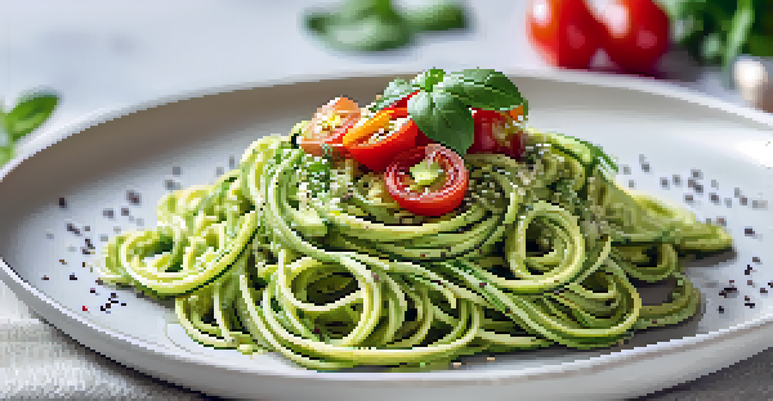 A close-up view of zucchini pasta garnished with avocado pesto and cherry tomatoes on a white plate.