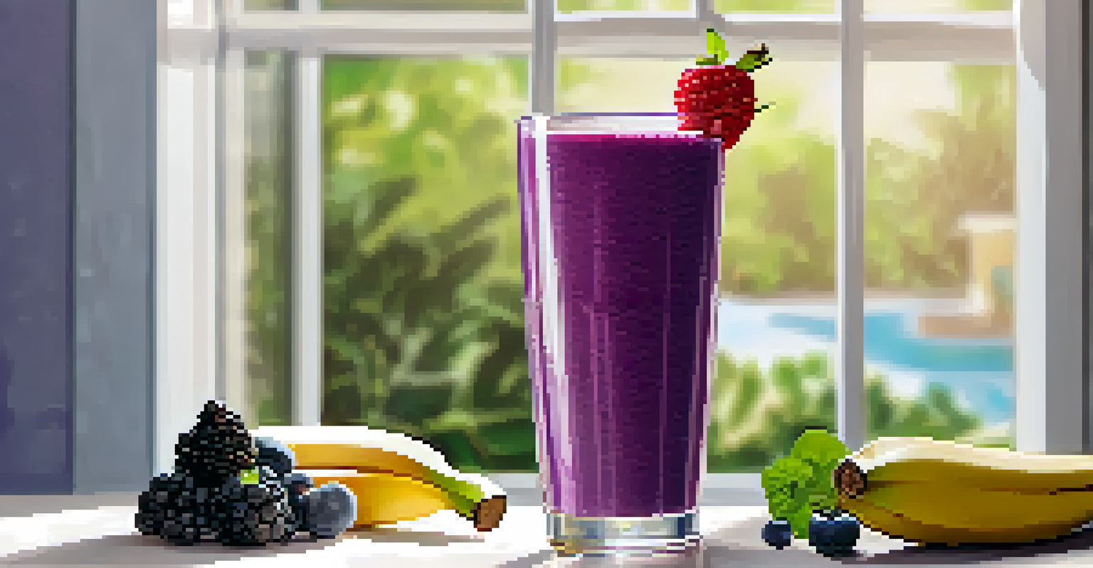 A glass of Banana Berry Fusion Smoothie garnished with mint and banana, set in a sunlit kitchen.
