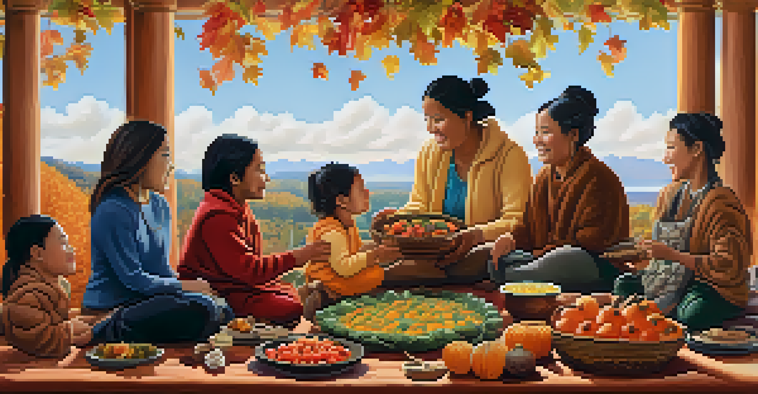 An indigenous family participating in a seasonal food ritual, surrounded by autumn leaves and seasonal produce, sharing stories and laughter.