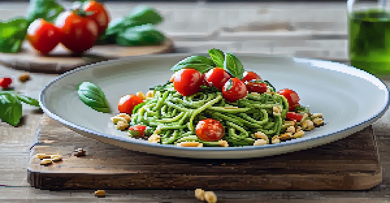 A plate of zucchini noodles with basil pesto, cherry tomatoes, and pine nuts, elegantly presented on a white plate, with a rustic background.
