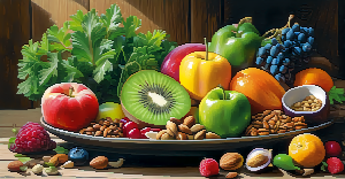 A colorful raw food platter with fresh fruits, vegetables, nuts, and seeds on a wooden table, illuminated by natural light.