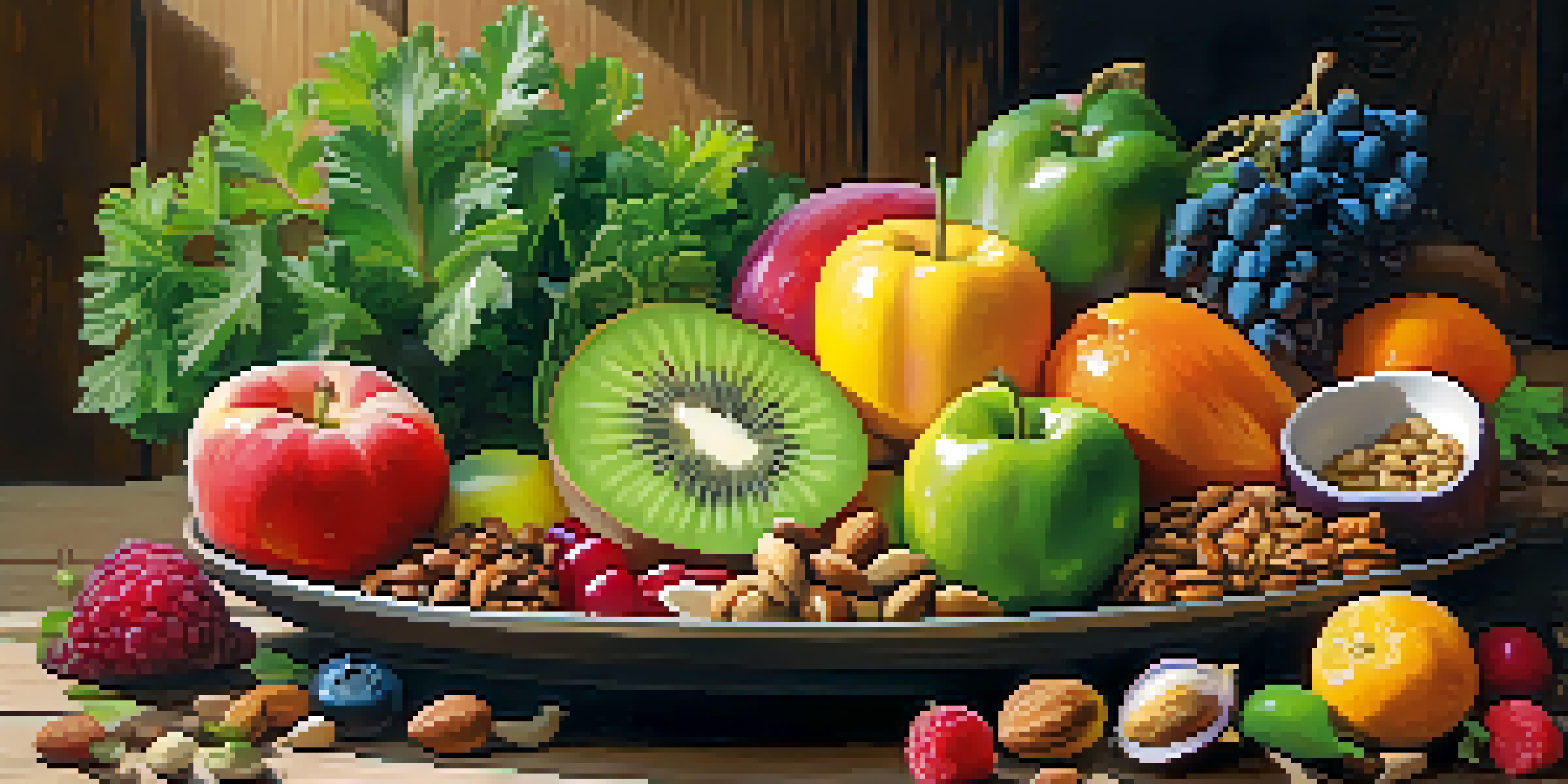 A colorful raw food platter with fresh fruits, vegetables, nuts, and seeds on a wooden table, illuminated by natural light.