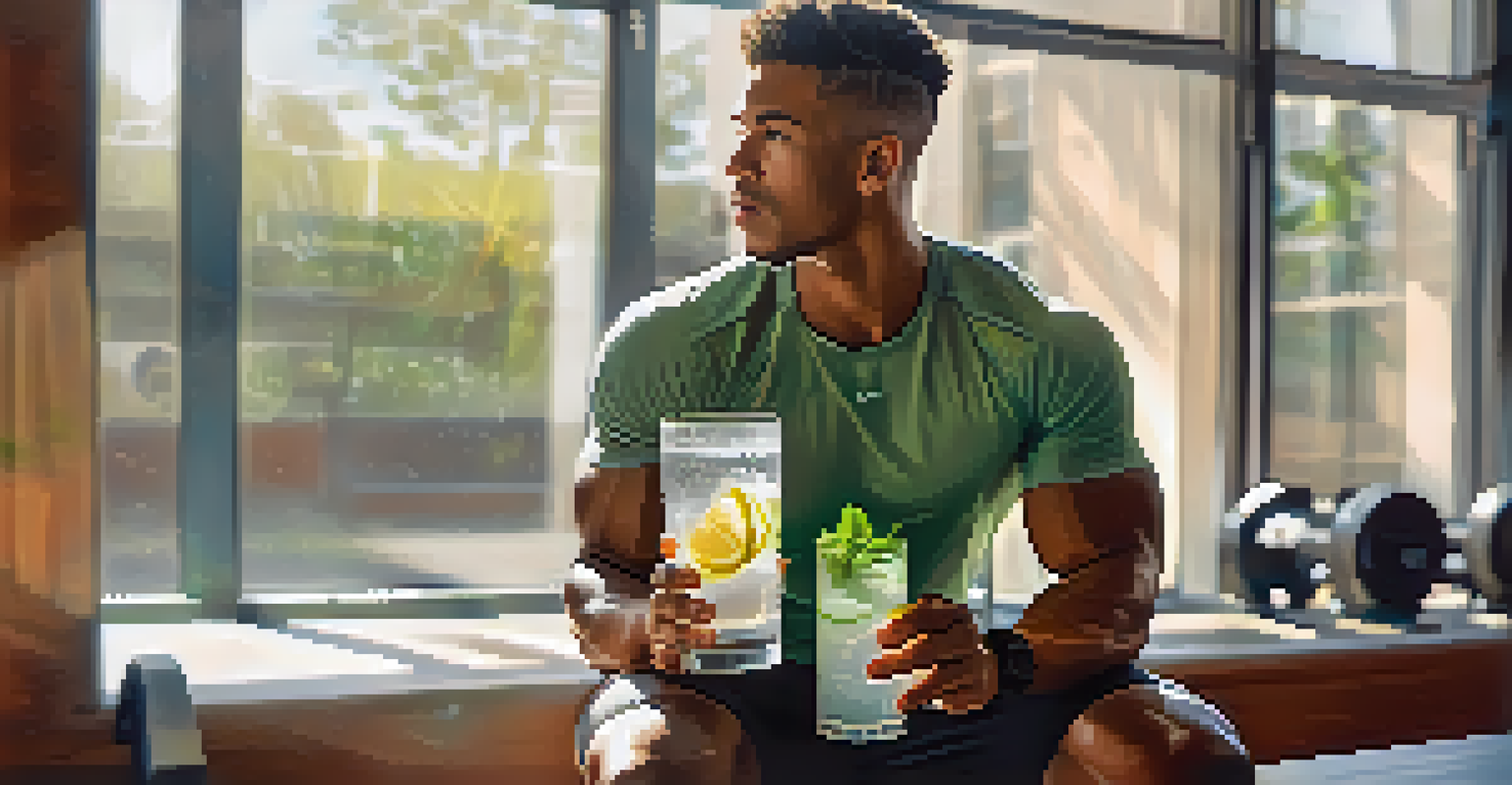 An athlete drinking infused water with lemon, cucumber, and mint on a gym bench after a workout.