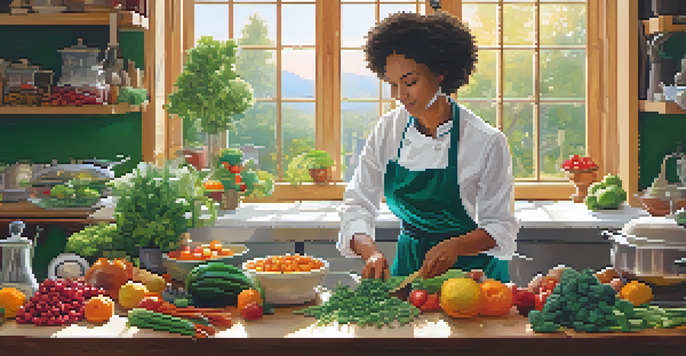 A raw food chef in a bright kitchen preparing colorful ingredients like fruits and vegetables with a sunny ambiance.