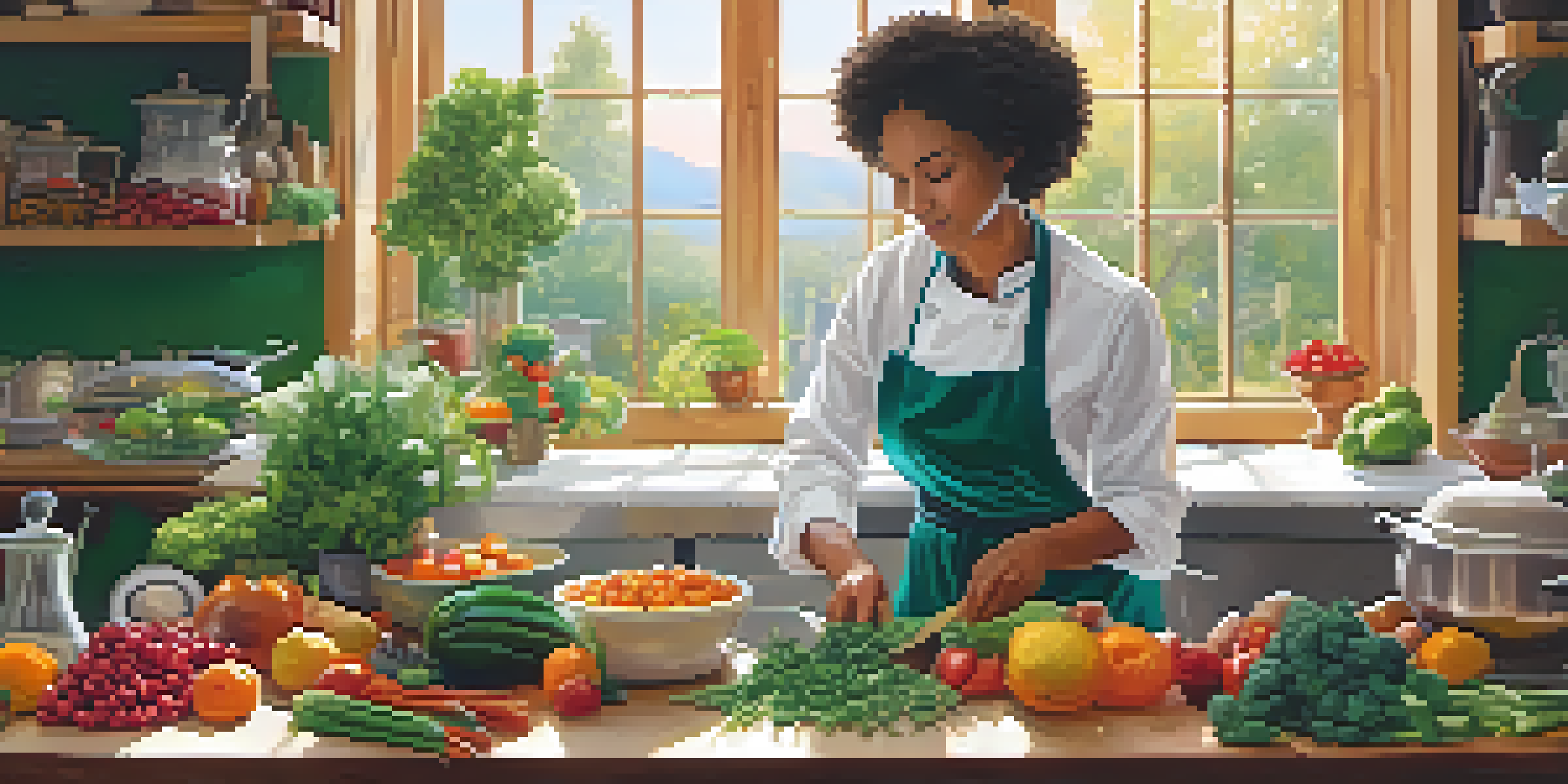 A raw food chef in a bright kitchen preparing colorful ingredients like fruits and vegetables with a sunny ambiance.