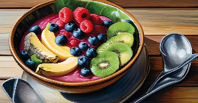 A close-up of a colorful smoothie bowl with berries and bananas on a wooden table, illuminated by soft natural light.