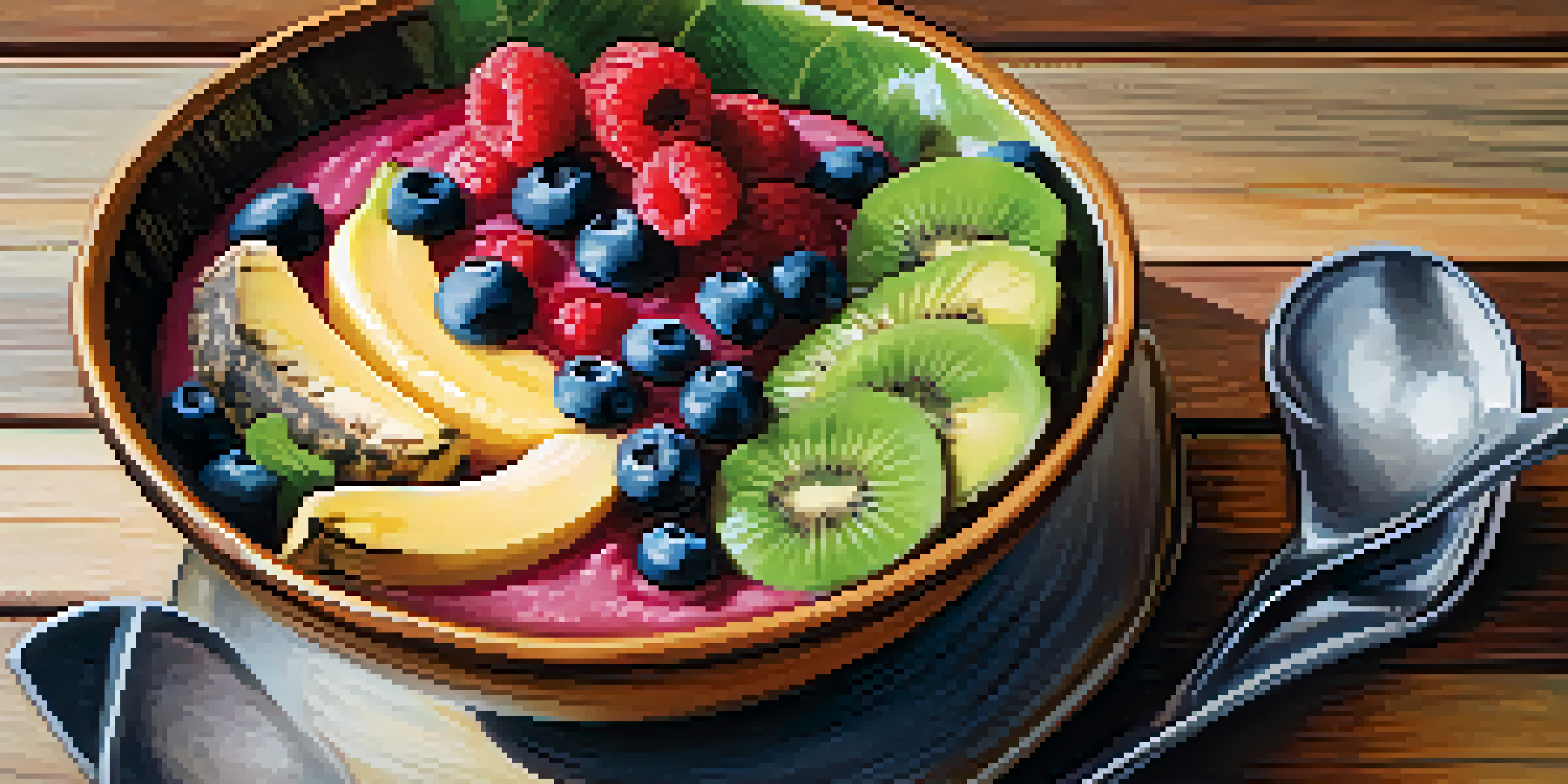 A close-up of a colorful smoothie bowl with berries and bananas on a wooden table, illuminated by soft natural light.