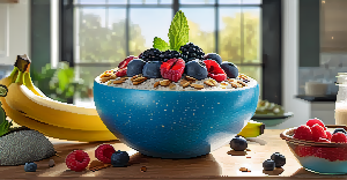 A colorful smoothie bowl made from superfoods, garnished with fresh fruits and seeds, placed in a coconut shell on a sunny kitchen countertop.
