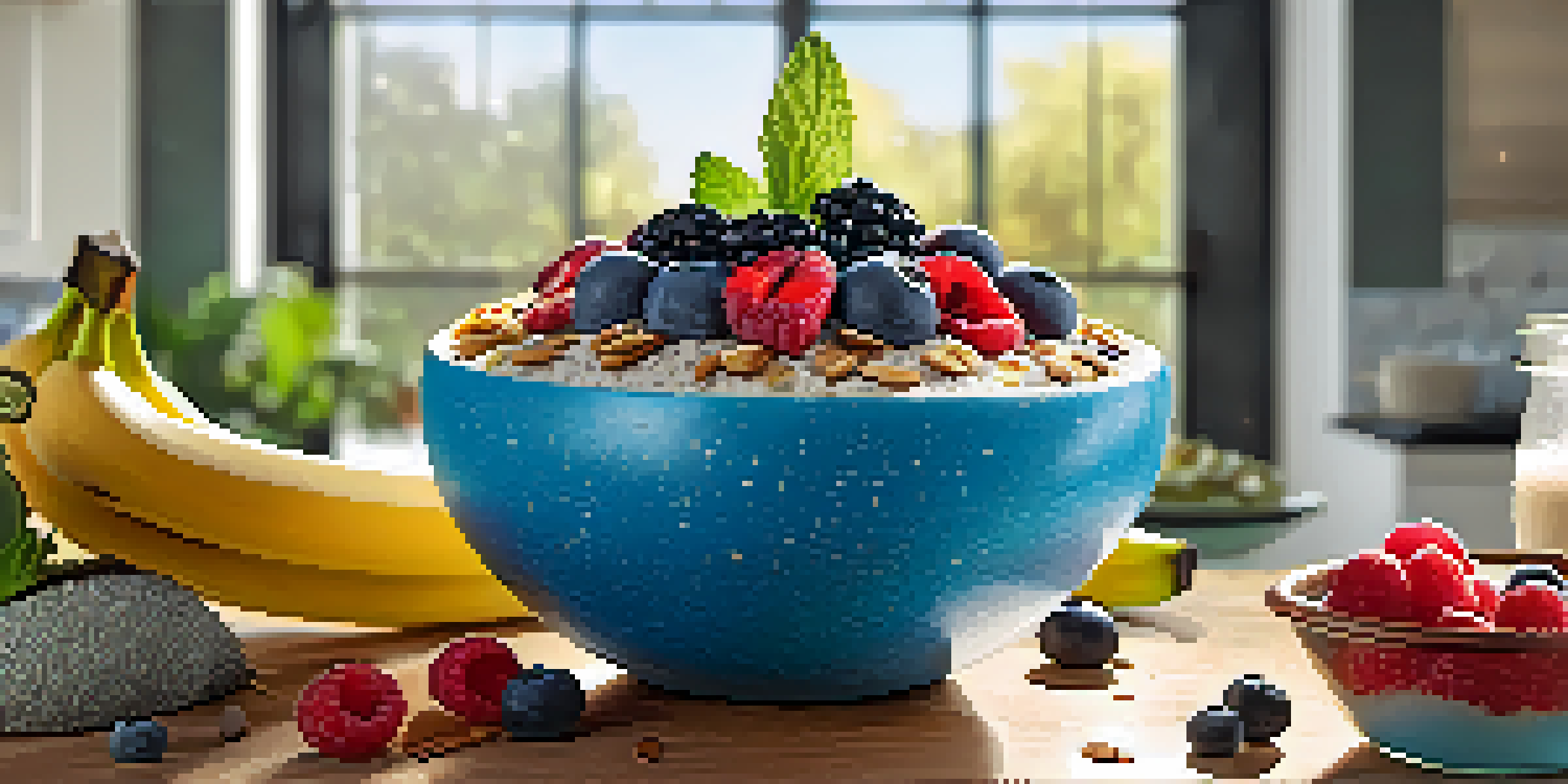 A colorful smoothie bowl made from superfoods, garnished with fresh fruits and seeds, placed in a coconut shell on a sunny kitchen countertop.