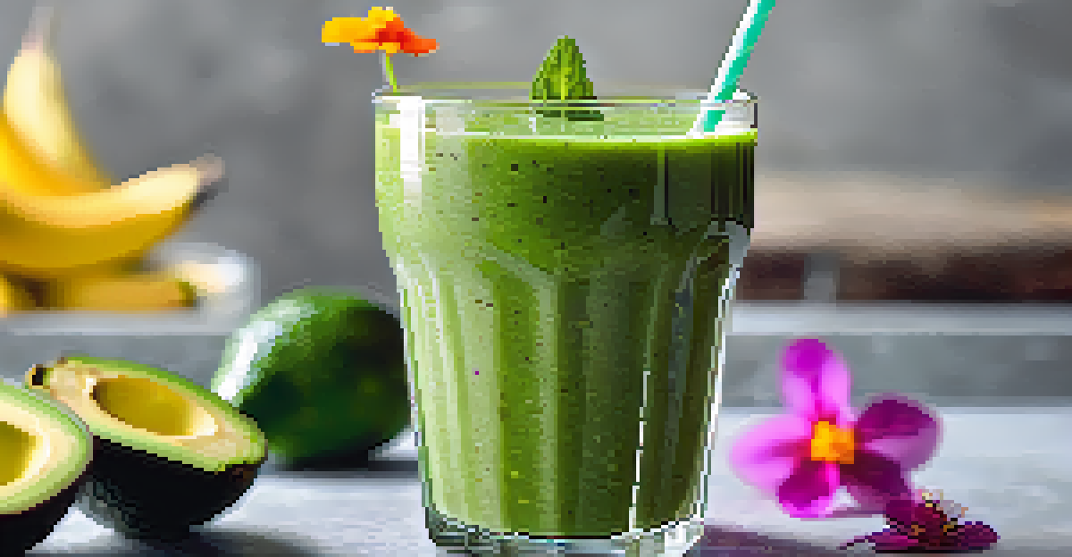 A close-up of a green smoothie in a clear glass, topped with edible flowers, showcasing its vibrant color and texture.