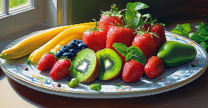 A vibrant plate of raw fruits and vegetables, including kiwi and strawberries, arranged with fresh herbs, illuminated by natural sunlight.
