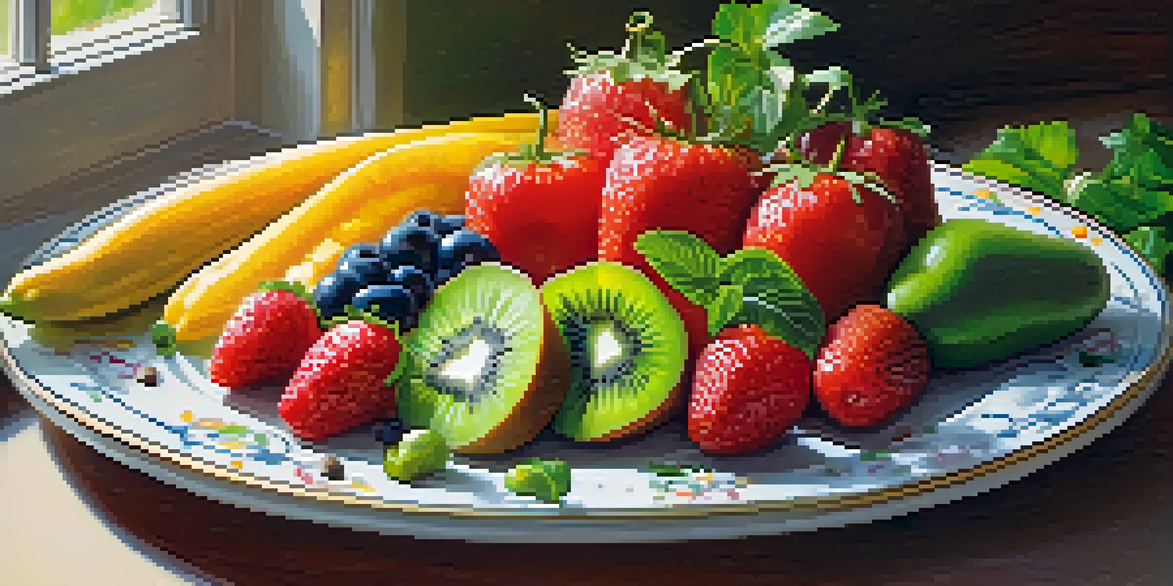 A vibrant plate of raw fruits and vegetables, including kiwi and strawberries, arranged with fresh herbs, illuminated by natural sunlight.