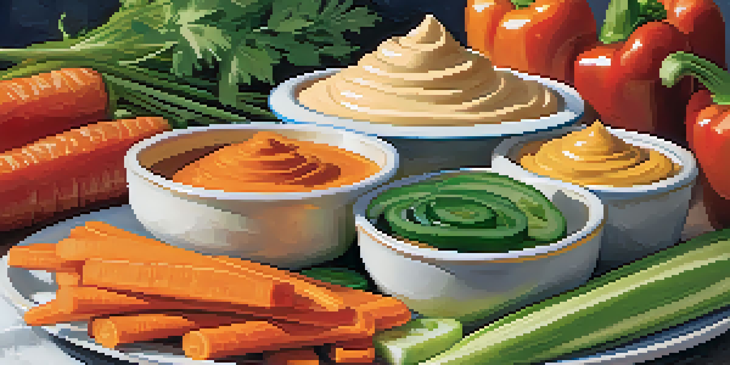 A colorful assortment of fresh vegetable sticks with a creamy bowl of raw hummus on a bright surface.