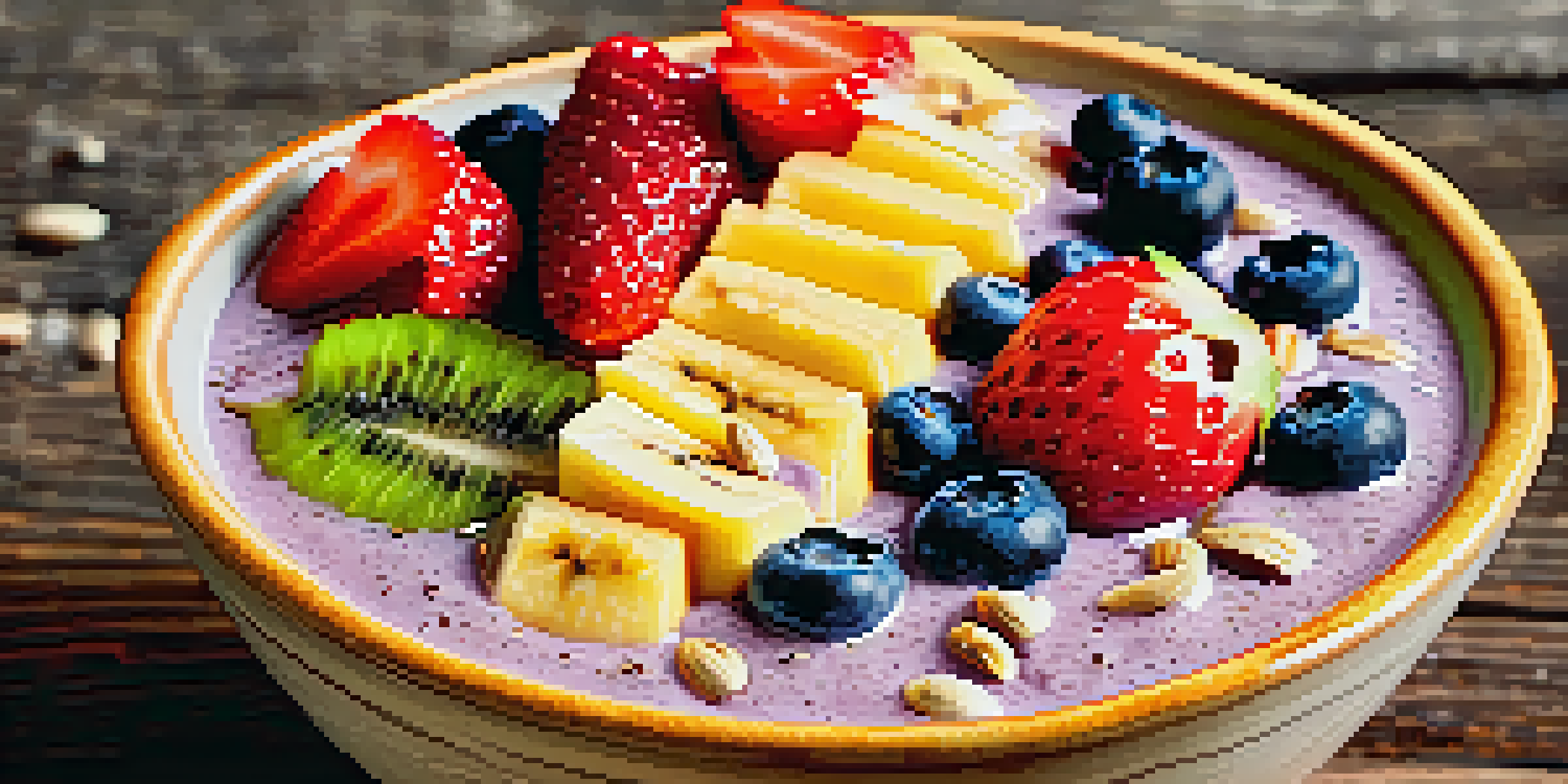 A colorful smoothie bowl with fresh fruits, nuts, and chia seeds on a rustic wooden table illuminated by sunlight.