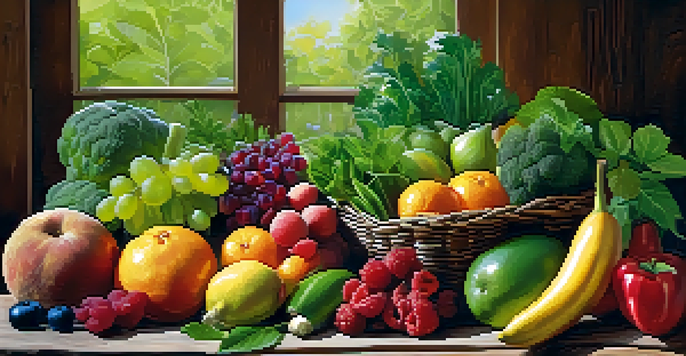 An assortment of raw fruits and vegetables arranged on a wooden table, illuminated by natural light.