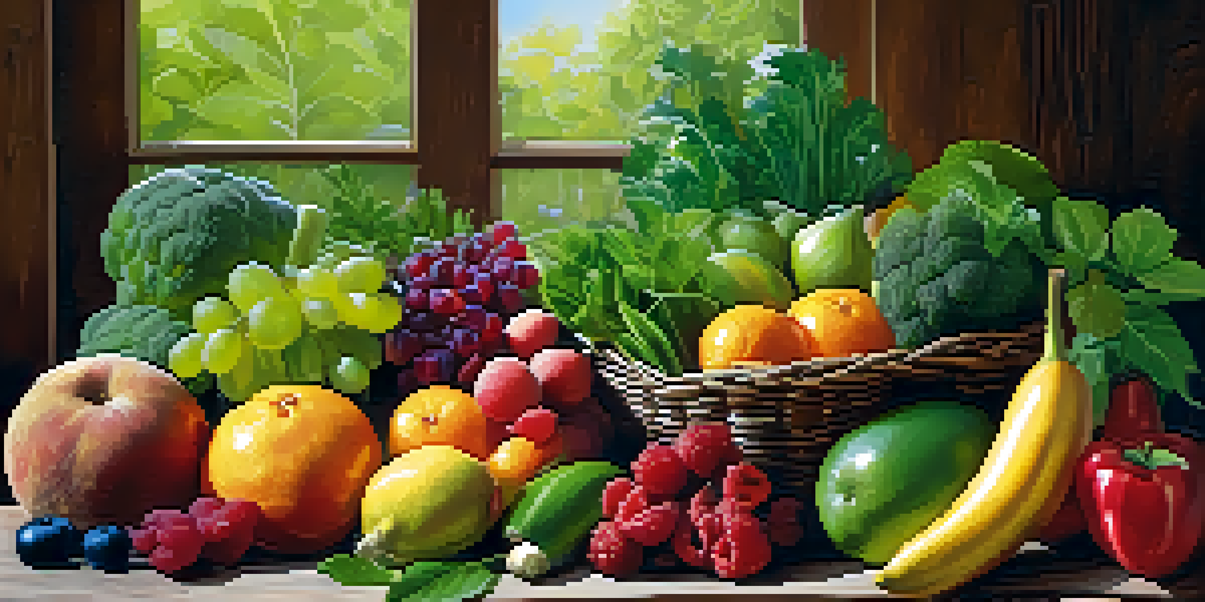 An assortment of raw fruits and vegetables arranged on a wooden table, illuminated by natural light.
