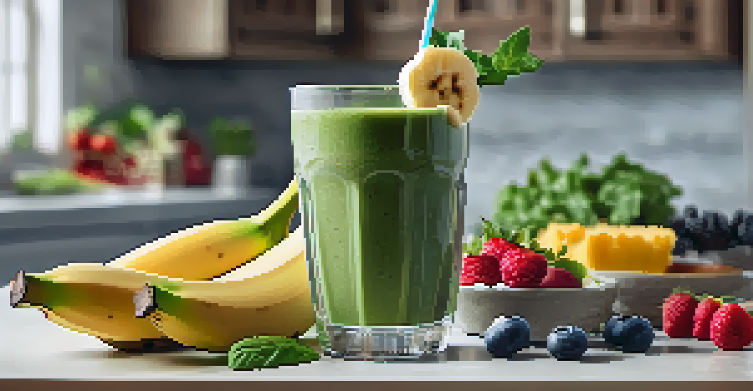 A close-up of a green smoothie in a clear glass, surrounded by fresh fruits and vegetables in a bright kitchen setting.