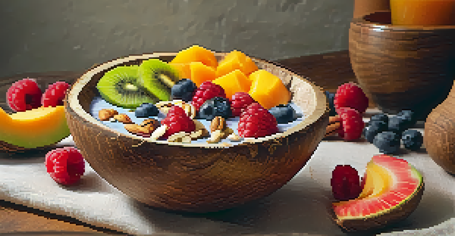 A close-up of a raw smoothie bowl in a coconut shell, adorned with fruits, nuts, and seeds, with a wooden spoon beside it.