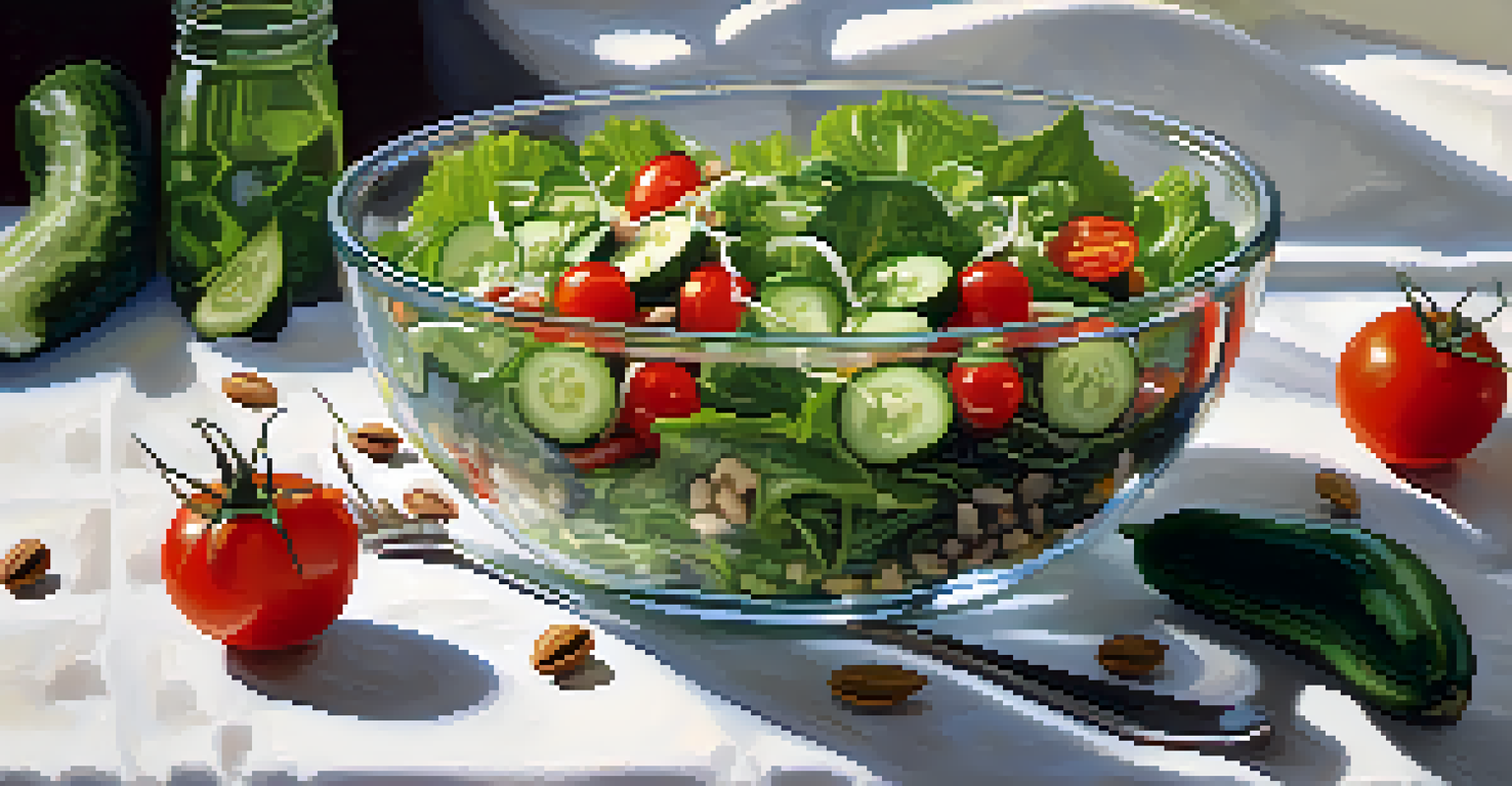 A colorful raw salad bowl with mixed greens and vegetables on a table, accompanied by a glass of infused water.