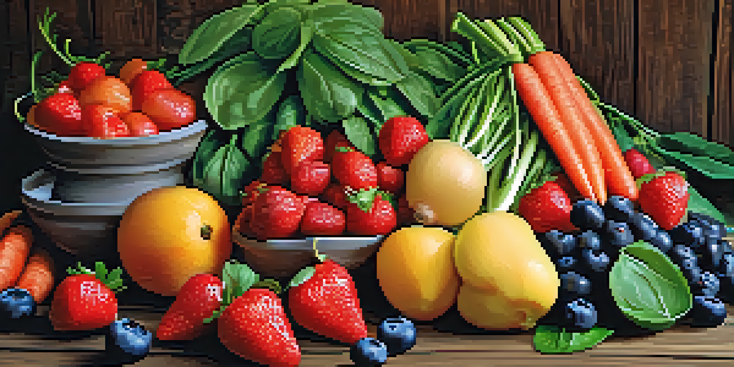 An assortment of fresh fruits and vegetables on a wooden table, showcasing strawberries, blueberries, spinach, and carrots illuminated by soft natural light.