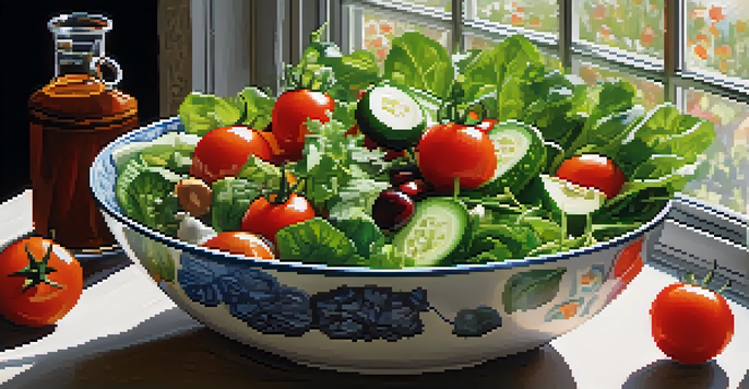 A colorful salad bowl filled with fresh raw vegetables like leafy greens, cherry tomatoes, and cucumbers, topped with nuts and herbs, illuminated by soft natural light.