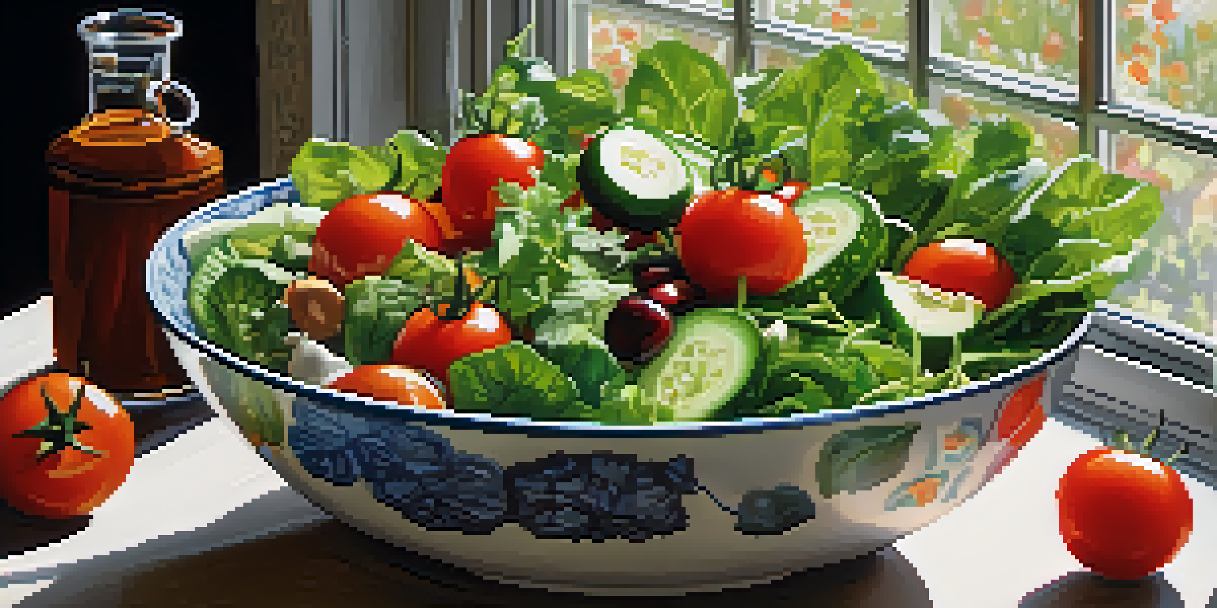 A colorful salad bowl filled with fresh raw vegetables like leafy greens, cherry tomatoes, and cucumbers, topped with nuts and herbs, illuminated by soft natural light.