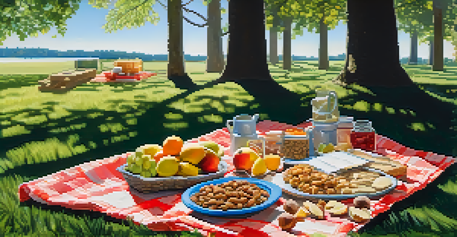 A picnic setup with a raw food platter of nuts and fruits on a grassy area, with sunlight filtering through tree leaves.