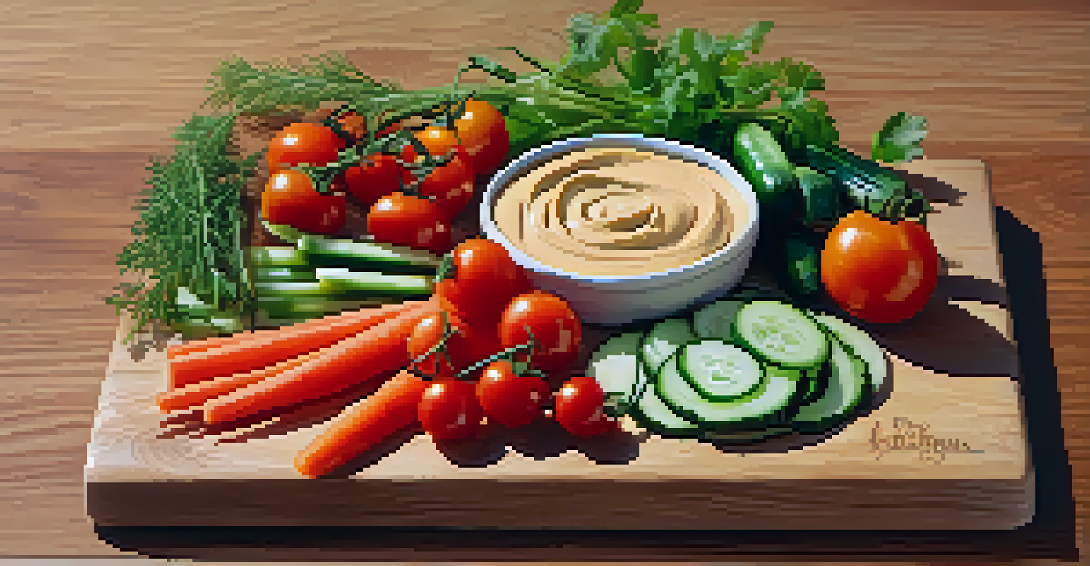 A close-up of a raw vegetable platter with carrot sticks, cherry tomatoes, cucumber slices, and a bowl of hummus on a wooden board.