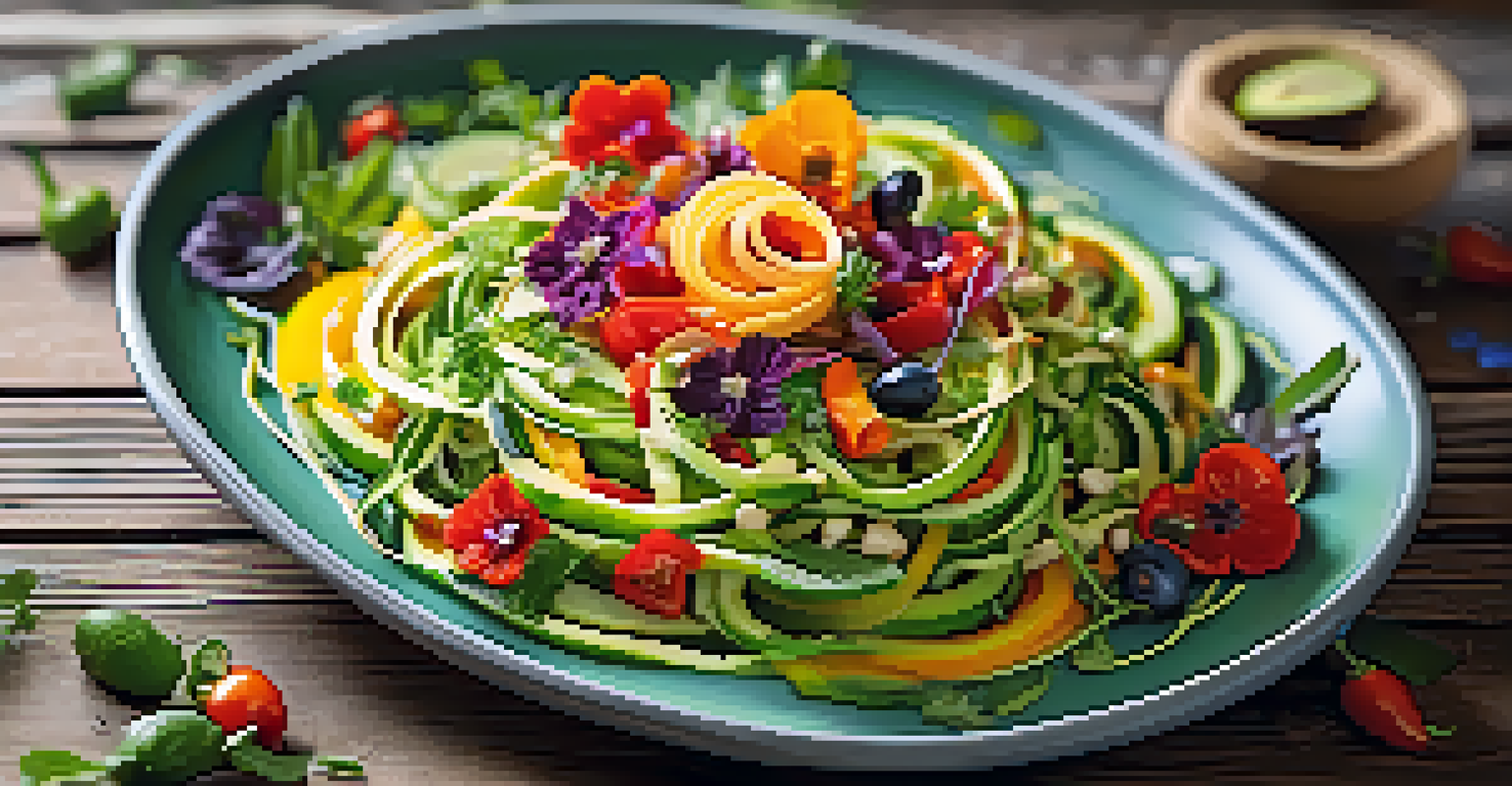 A close-up of a creative raw food dish with zucchini noodles and colorful sauce, decorated with edible flowers and herbs on a rustic table.
