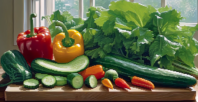 An assortment of colorful raw vegetables like cucumbers and bell peppers on a wooden cutting board, illuminated by soft natural light.