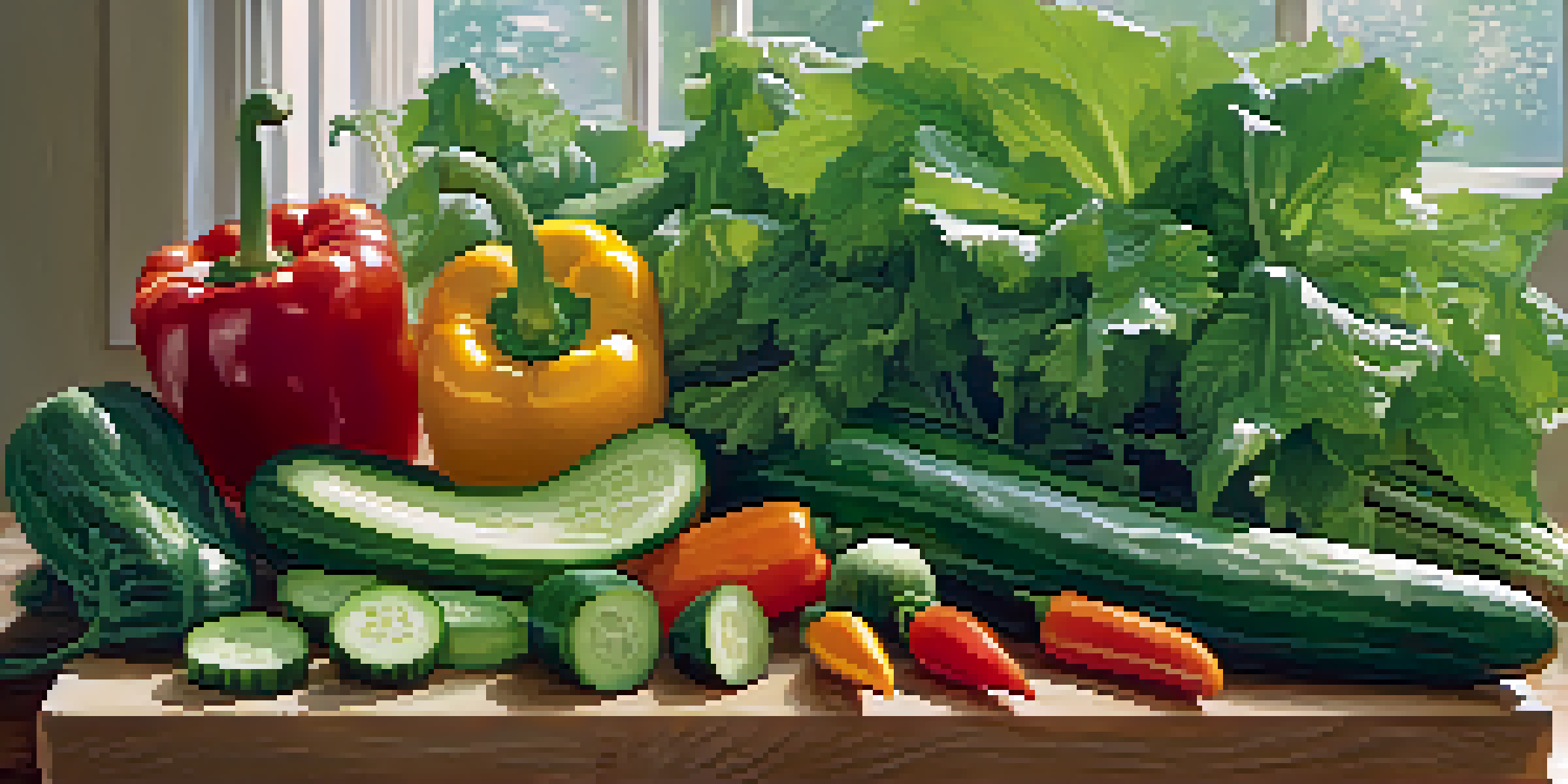 An assortment of colorful raw vegetables like cucumbers and bell peppers on a wooden cutting board, illuminated by soft natural light.