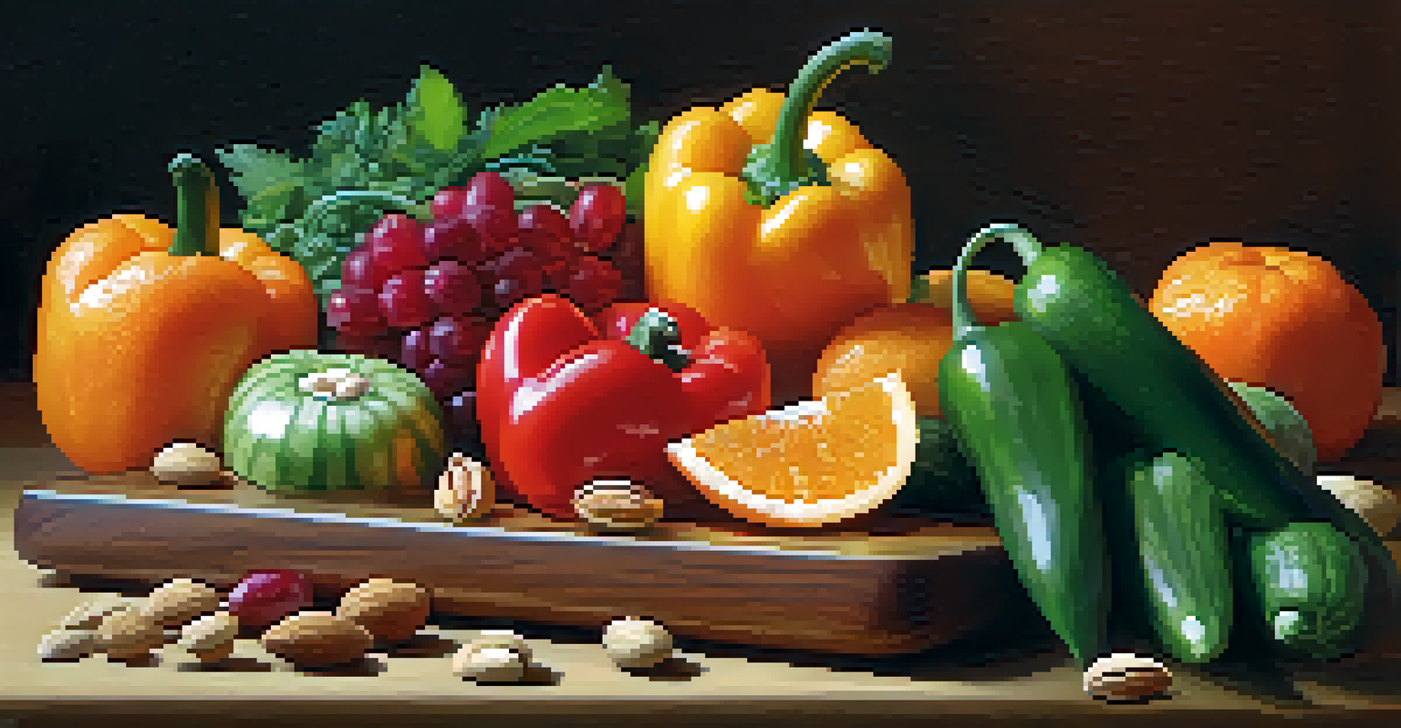 A colorful arrangement of raw fruits and vegetables on a wooden cutting board with a bowl of mixed nuts, illuminated by soft light.