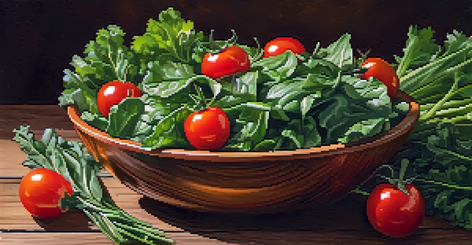 A colorful salad bowl with leafy greens and cherry tomatoes on a wooden table, illuminated by soft natural light.