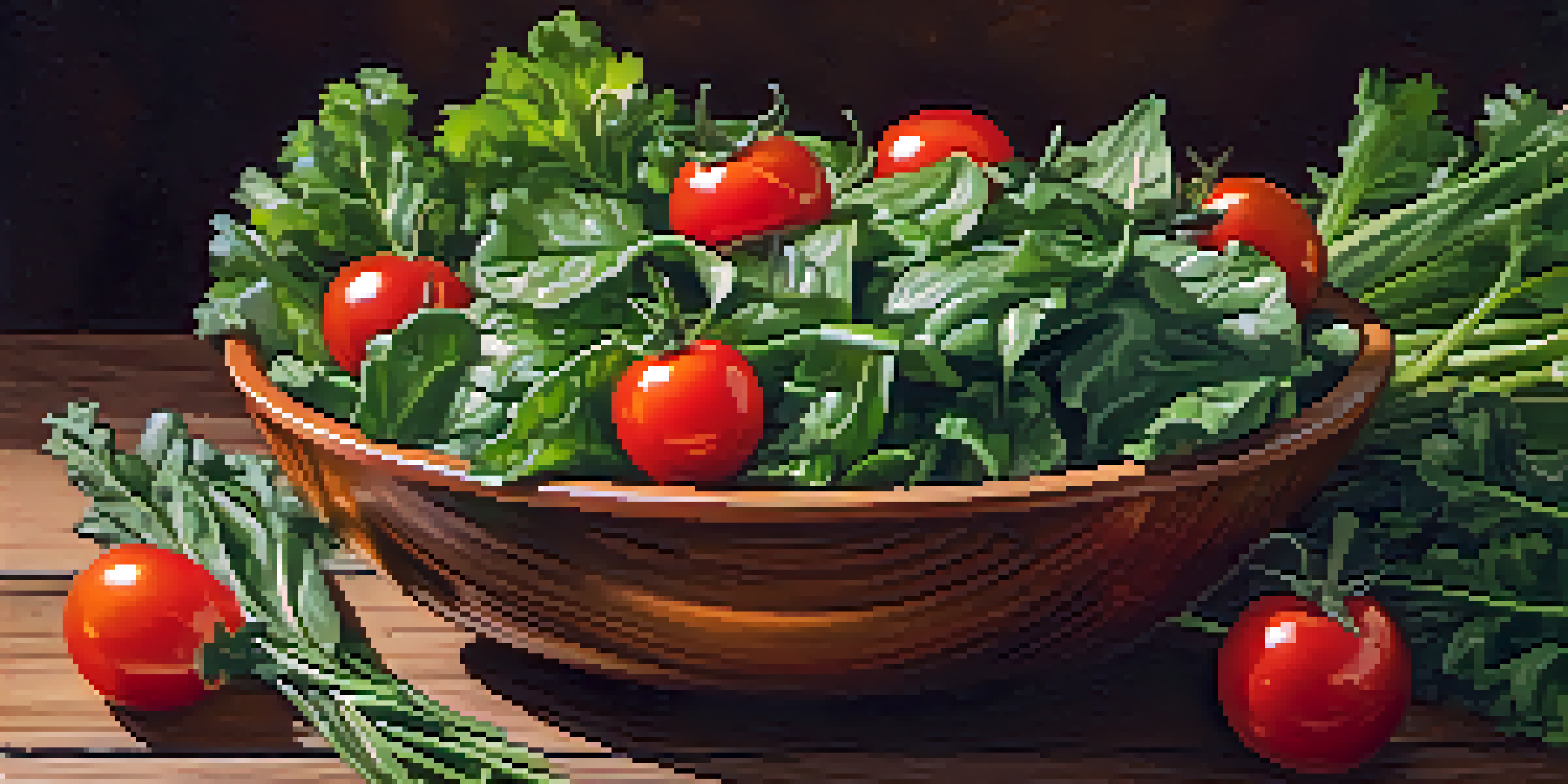 A colorful salad bowl with leafy greens and cherry tomatoes on a wooden table, illuminated by soft natural light.