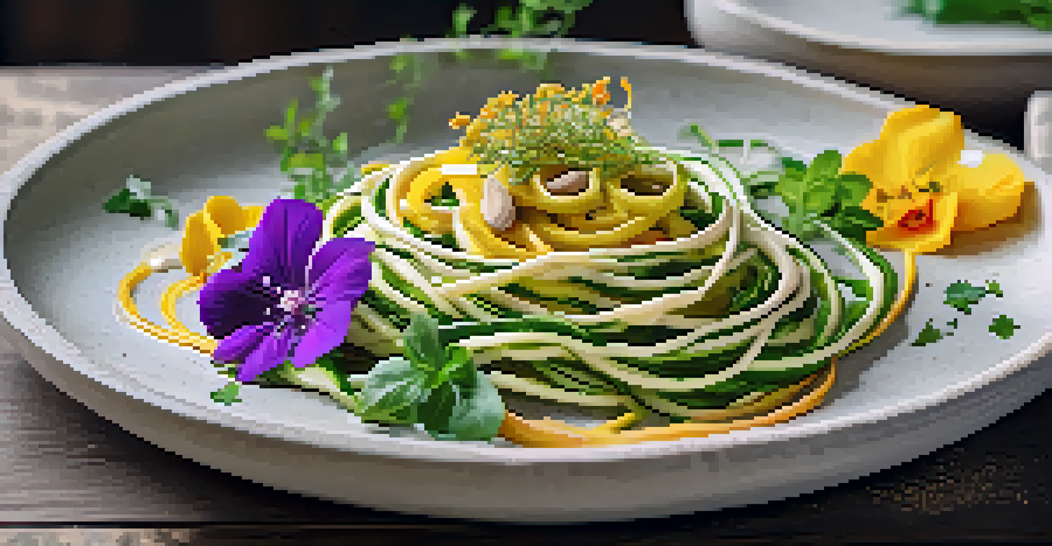 A close-up of a plated raw dish featuring spiralized zucchini noodles and cashew sauce, garnished with herbs and flowers.