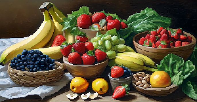 A colorful arrangement of fresh raw fruits, vegetables, nuts, and seeds on a wooden table, illuminated by soft natural light.