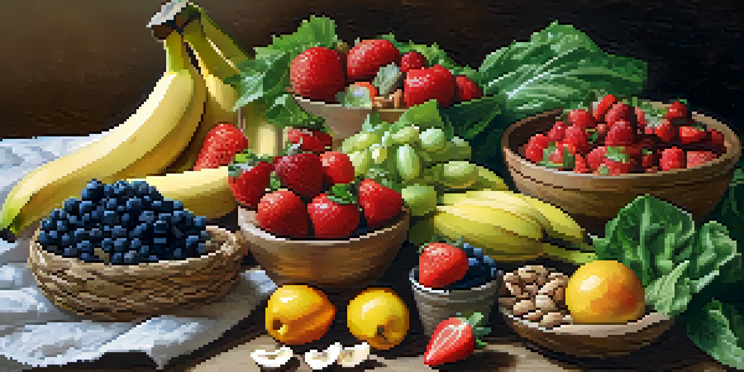 A colorful arrangement of fresh raw fruits, vegetables, nuts, and seeds on a wooden table, illuminated by soft natural light.