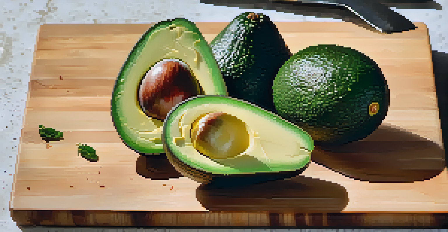 Close-up of avocado halves on a cutting board surrounded by cherry tomatoes and herbs.