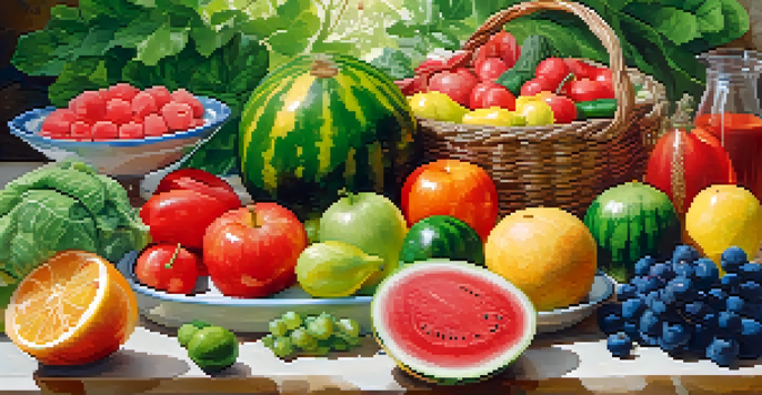 A table filled with colorful raw fruits and vegetables arranged beautifully, illuminated by natural light.