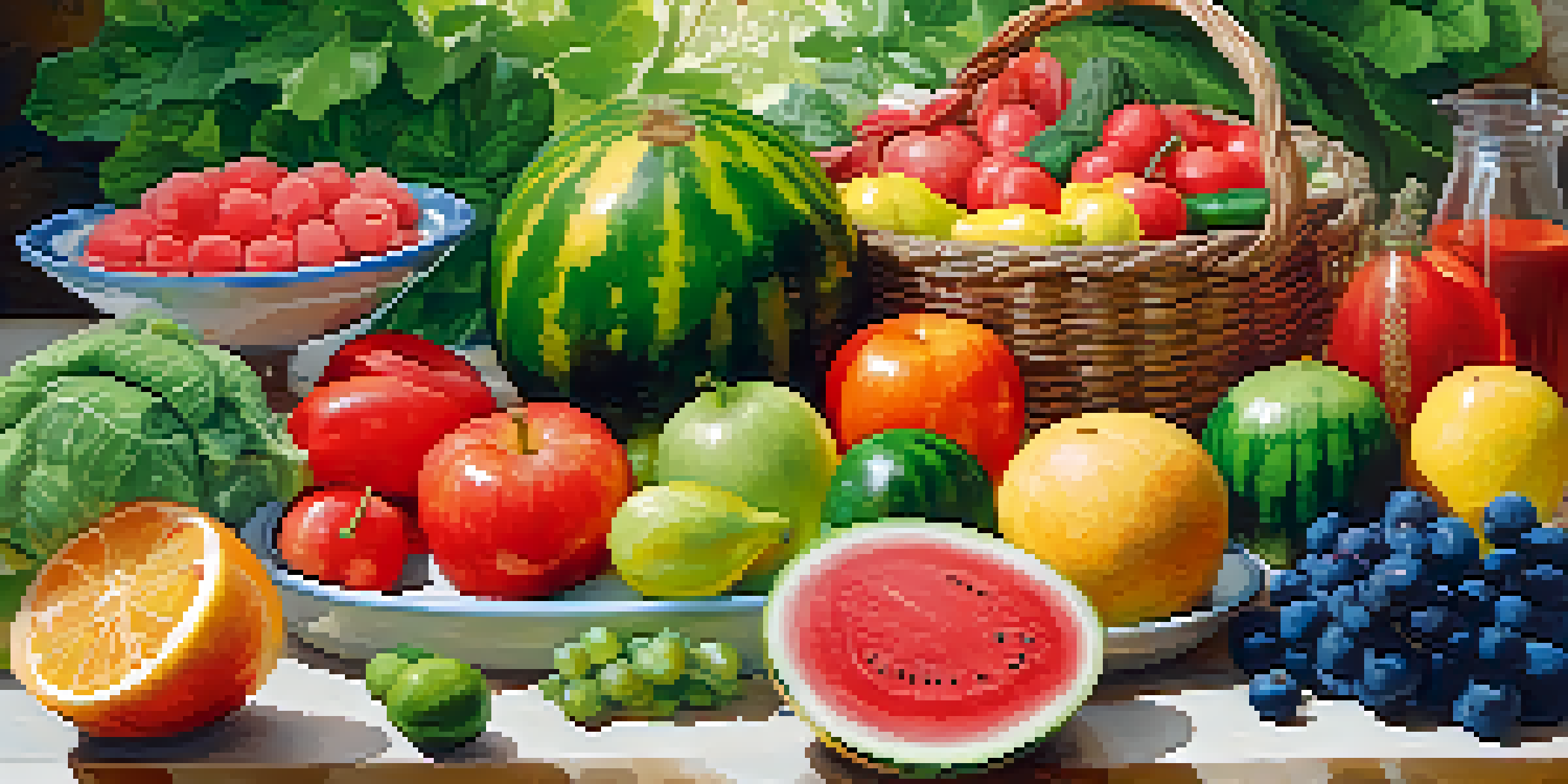 A table filled with colorful raw fruits and vegetables arranged beautifully, illuminated by natural light.