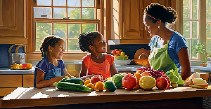 A mother and her three children joyfully preparing a colorful raw meal in a sunny kitchen filled with fresh produce.
