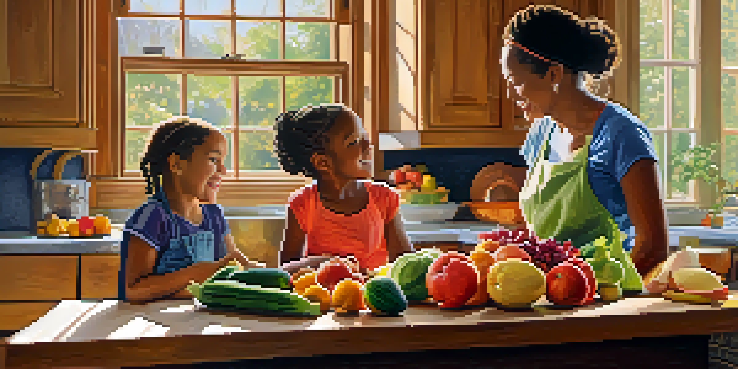 A mother and her three children joyfully preparing a colorful raw meal in a sunny kitchen filled with fresh produce.