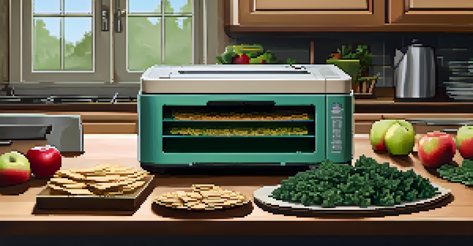 A close-up view of a dehydrator filled with kale chips and apple slices in a warm and cozy kitchen.