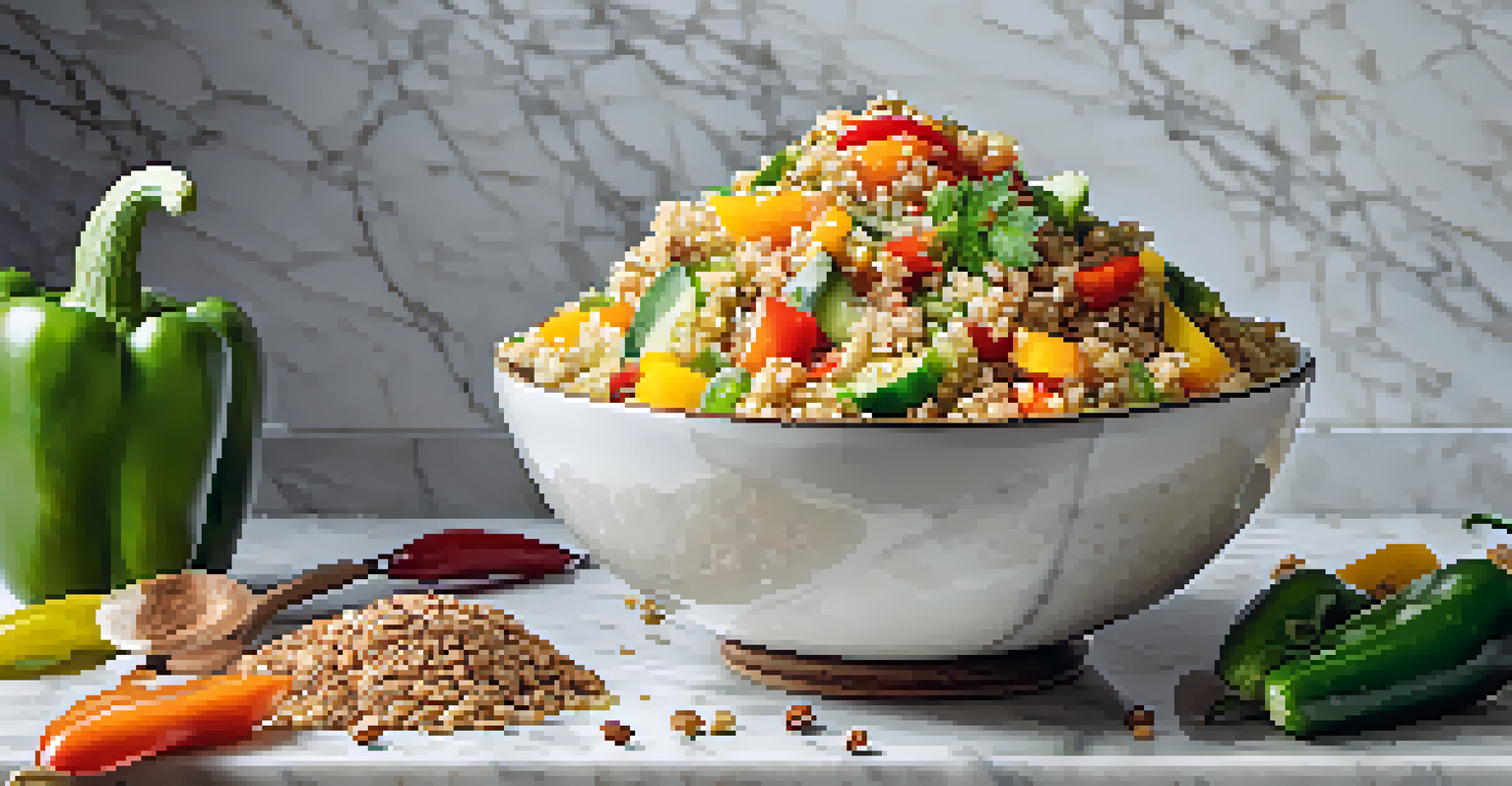 A glass bowl filled with quinoa salad, featuring bell peppers, cucumbers, and walnuts, with flaxseed oil drizzled on top, placed on a marble countertop.