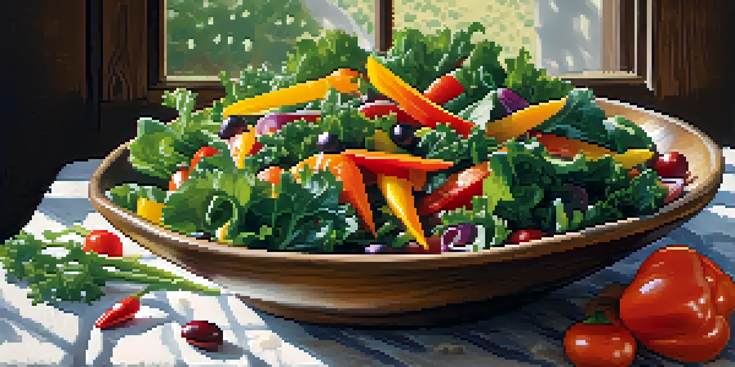 A vibrant raw food salad in a wooden bowl, showcasing fresh vegetables and seeds, illuminated by natural light.