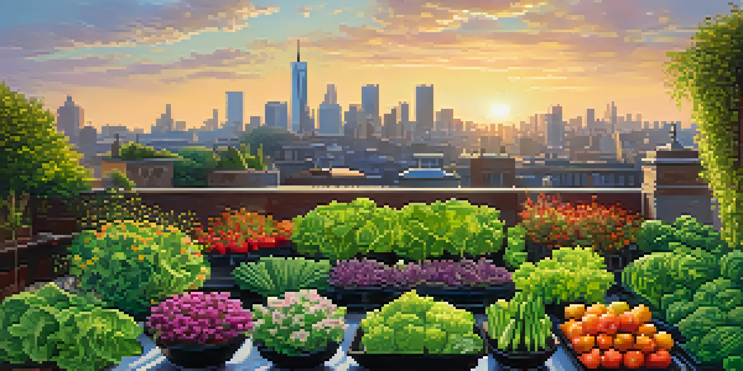 A rooftop urban garden with various vegetables and flowers under sunlight, with a city skyline in the background.