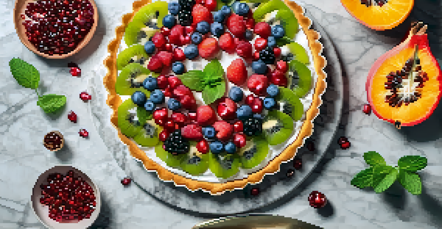 An overhead view of a decorative raw fruit tart on a marble board with colorful toppings.