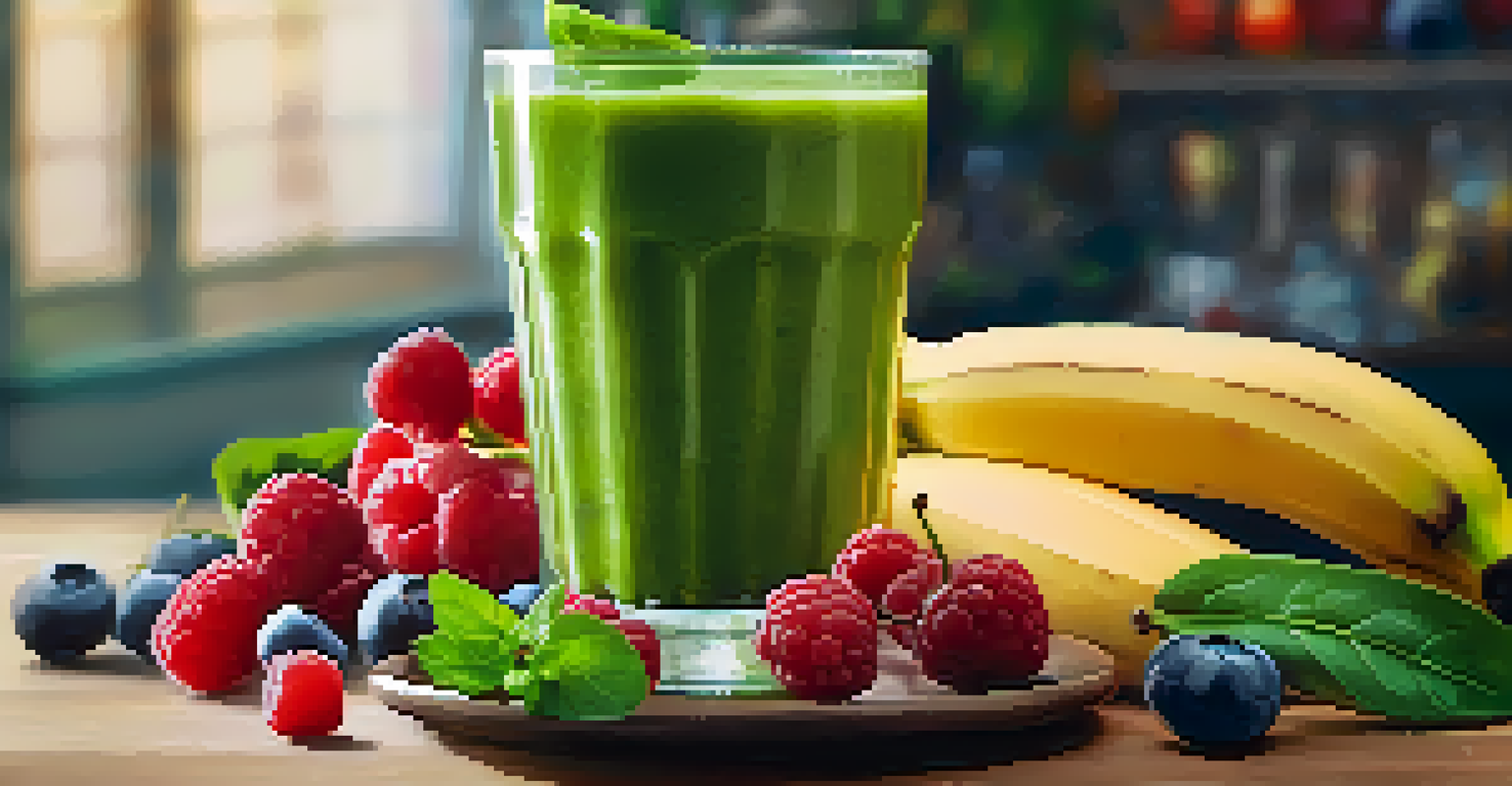 A close-up of a colorful smoothie in a glass, surrounded by fresh fruits, with a soft-focus background.