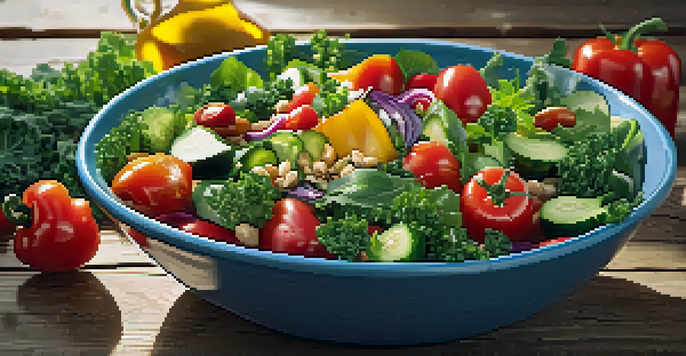 A colorful raw salad bowl with kale, cherry tomatoes, cucumbers, and bell peppers, topped with seeds and olive oil, placed on a wooden table under sunlight.